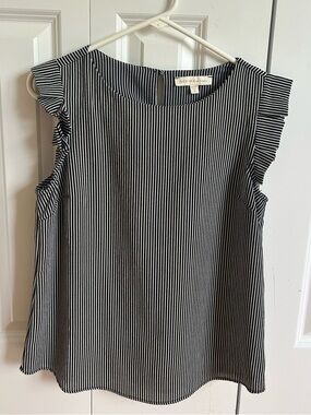 Monteau Black and White Striped Sleeveless Ruffle Top
